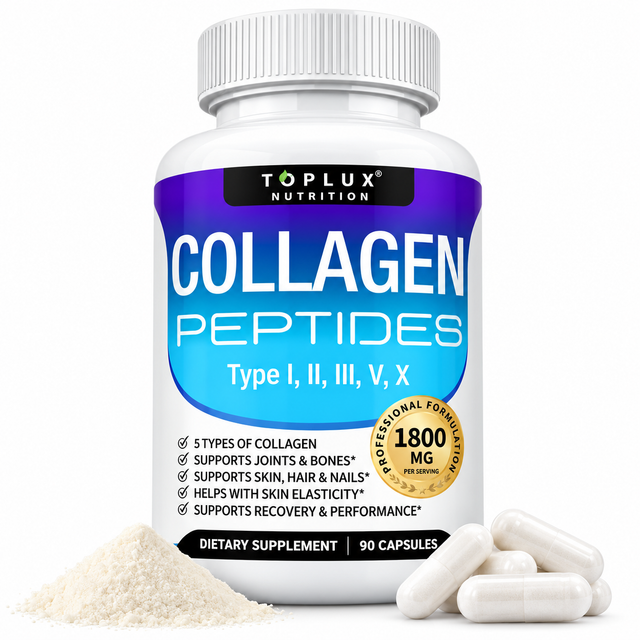 A white bottle of Toplux Nutrition Collagen Peptides with a blue and purple label, shown with white capsules and a pile of powder on a clean white background.