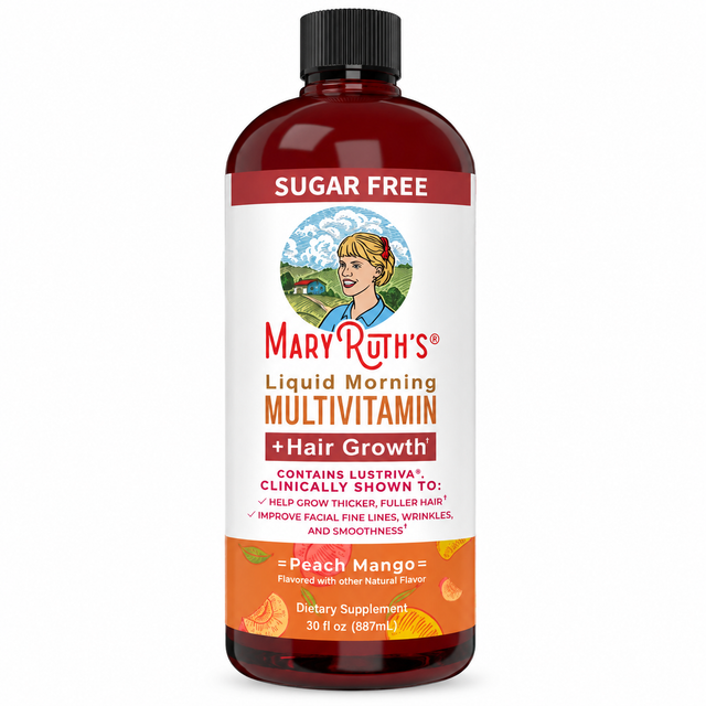 A 30 fl oz bottle of Mary Ruth's Liquid Morning Multivitamin + Hair Growth in Peach Mango flavor. The bottle is made of dark amber plastic with a black cap and features a white label with red and orange text and graphics.