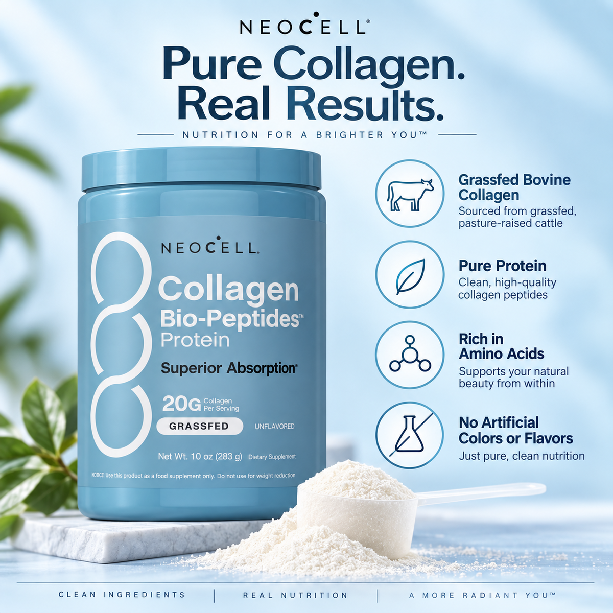 NeoCell Collagen Bio-Peptides™ Protein Powder – 20g Collagen + 18g Protein | Grass-Fed, Unflavored | 10 oz