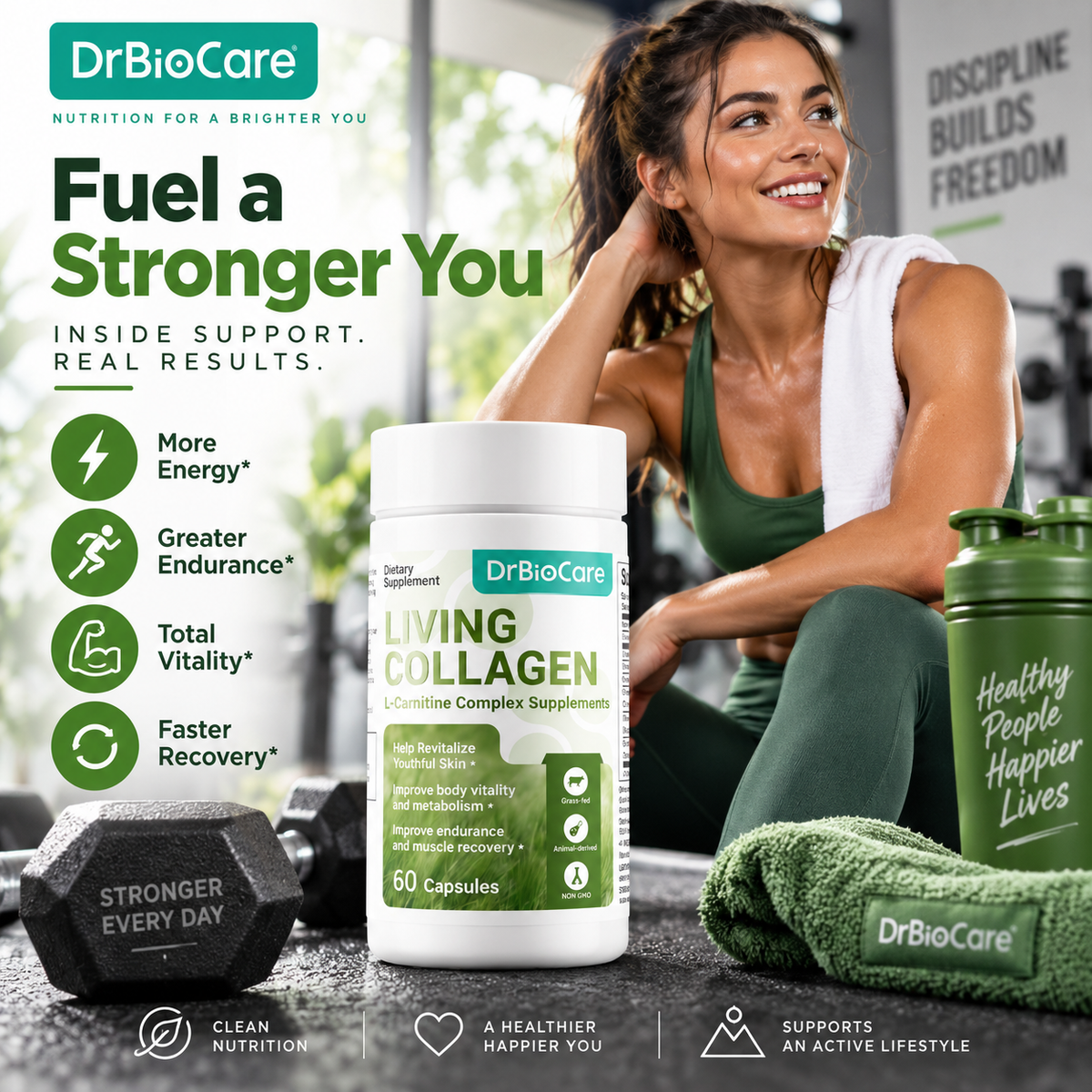 DrBioCare Living Collagen + L-Carnitine Complex β Bovine Collagen, Biotin, Hyaluronic Acid & CoQ10 | 60 Capsules