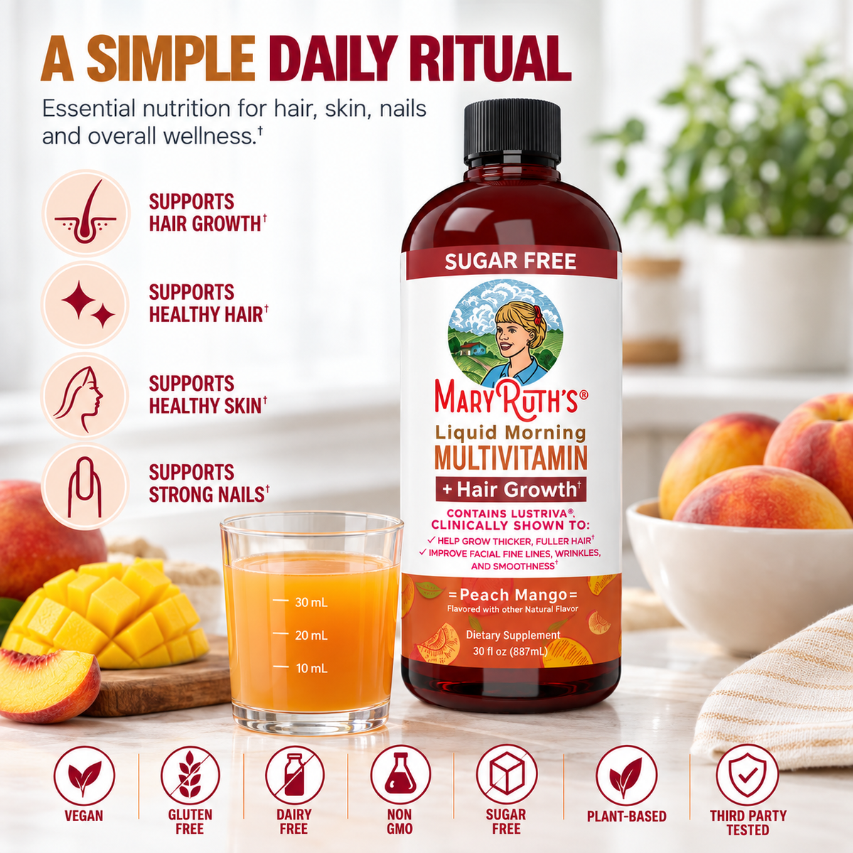 MaryRuth’s Liquid Morning Multivitamin + Hair Growth with Lustriva® – Peach Mango, Sugar Free | 30 fl oz