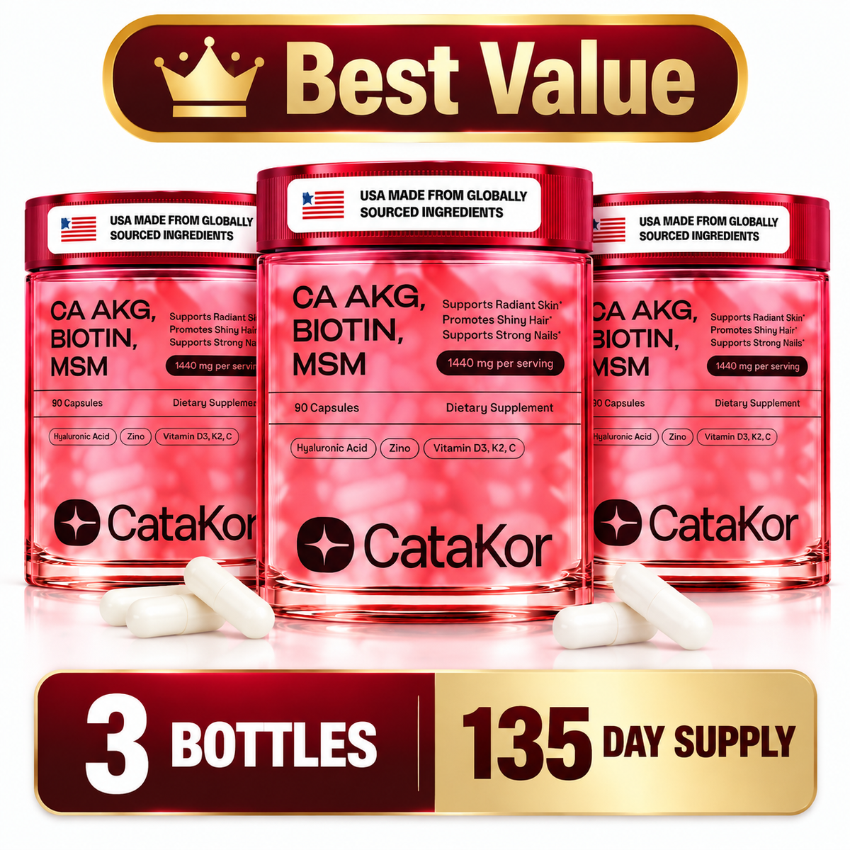 Cata-Kor Skin, Hair & Nails Vitamins – Ca-AKG + Biotin 5000mcg, MSM & Hyaluronic Acid | 90 Capsules