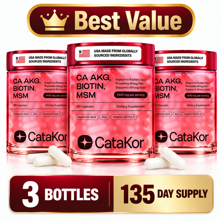 Cata-Kor Skin, Hair & Nails Vitamins – Ca-AKG + Biotin 5000mcg, MSM & Hyaluronic Acid | 90 Capsules