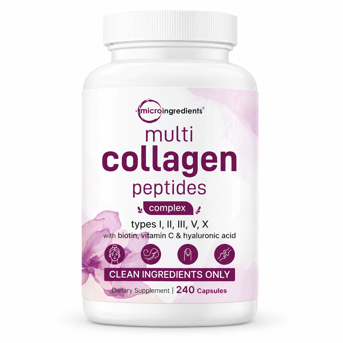 A white plastic bottle of micro ingredients Multi Collagen Peptides Complex dietary supplement, 240 capsules, on a clean white background.