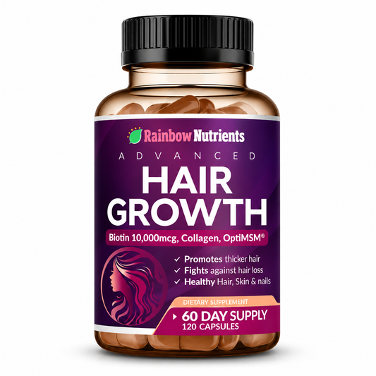 A bottle of Rainbow Nutrients Advanced Hair Growth dietary supplement, containing 120 capsules, on a solid white background.