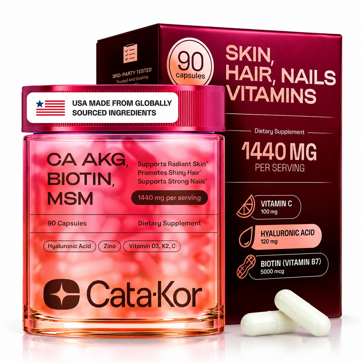 CataKor dietary supplement bottle and box with white capsules on a clean white background. The bottle is pink with a pink cap and features text for CA AKG, Biotin, MSM, and 1440 mg per serving.