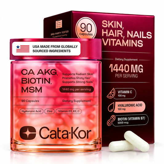 CataKor dietary supplement bottle and box with white capsules on a clean white background. The bottle is pink with a pink cap and features text for CA AKG, Biotin, MSM, and 1440 mg per serving.