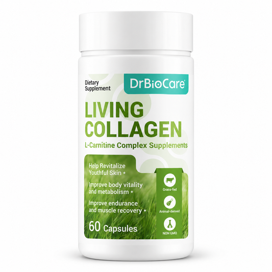 A white bottle of DrBioCare Living Collagen dietary supplement with green and teal text and graphics on a clean white background.