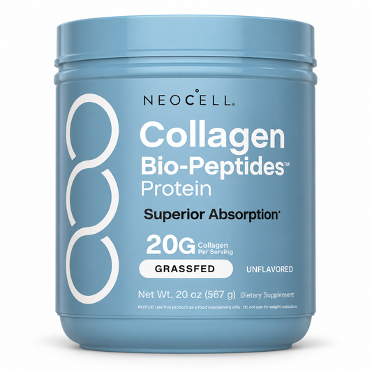 A light blue plastic tub of NEOCELL Collagen Bio-Peptides Protein dietary supplement, 20 oz, on a white background.