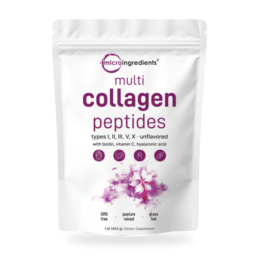 A white stand-up pouch of Micro Ingredients Multi Collagen Peptides, featuring purple text and a purple floral graphic near the bottom, set against a plain white background.