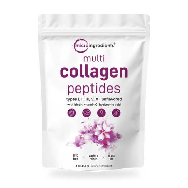 A white stand-up pouch of Micro Ingredients Multi Collagen Peptides, featuring purple text and a purple floral graphic near the bottom, set against a plain white background.