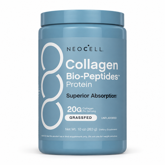 A light blue plastic tub of Neocell Collagen Bio-Peptides Protein on a clean white background.