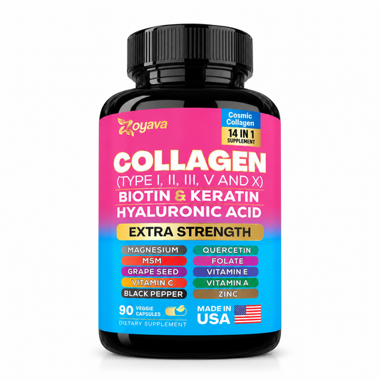 A black bottle of Zoyava Collagen dietary supplement with a vibrant pink-to-blue gradient label, set against a plain white background.
