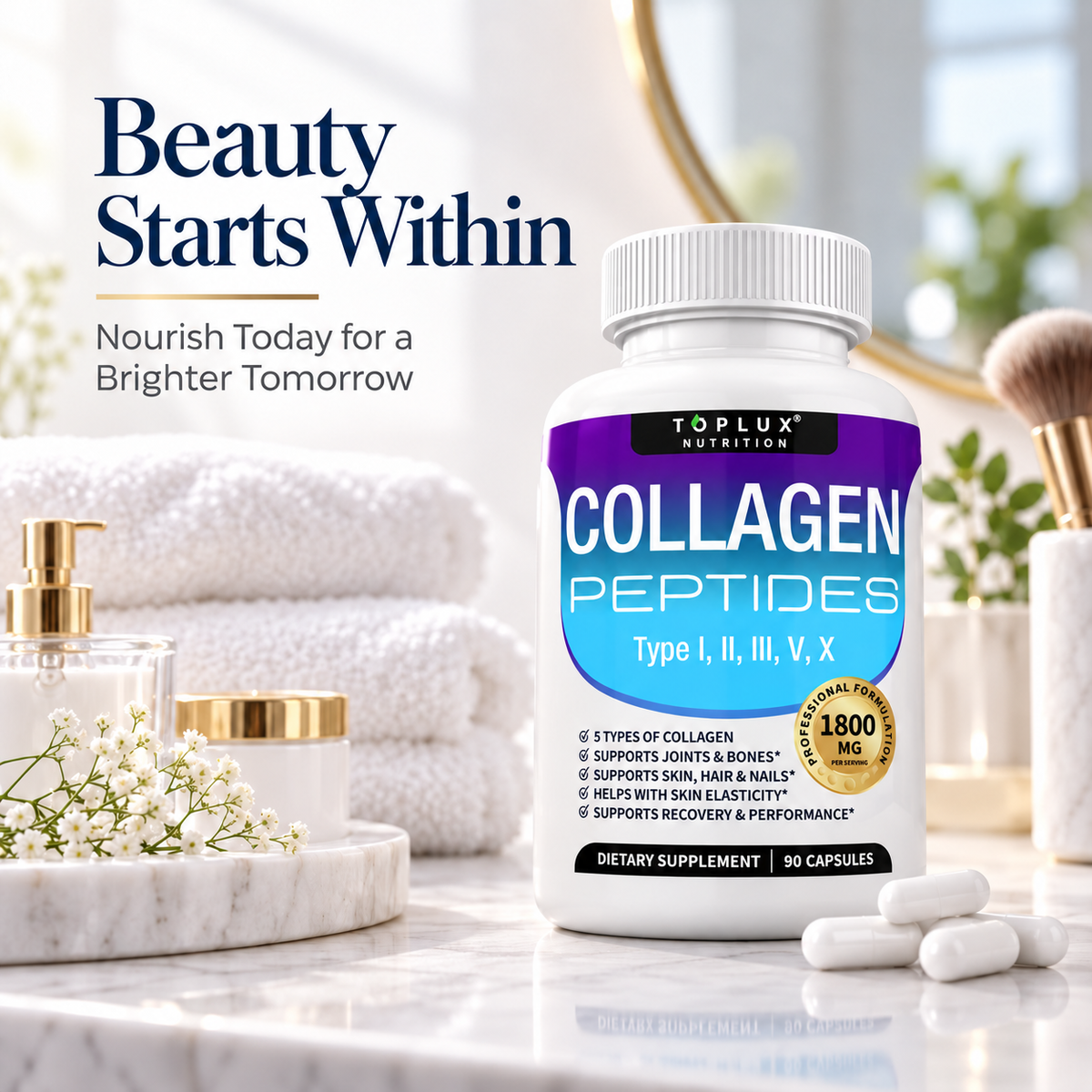 TOPLUX Nutrition Collagen Peptides 1800mg – 5 Types I, II, III, V & X | 90 Capsules