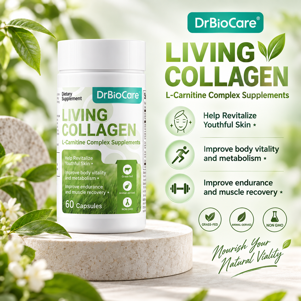 DrBioCare Living Collagen + L-Carnitine Complex – Bovine Collagen, Biotin, Hyaluronic Acid & CoQ10 | 60 Capsules
