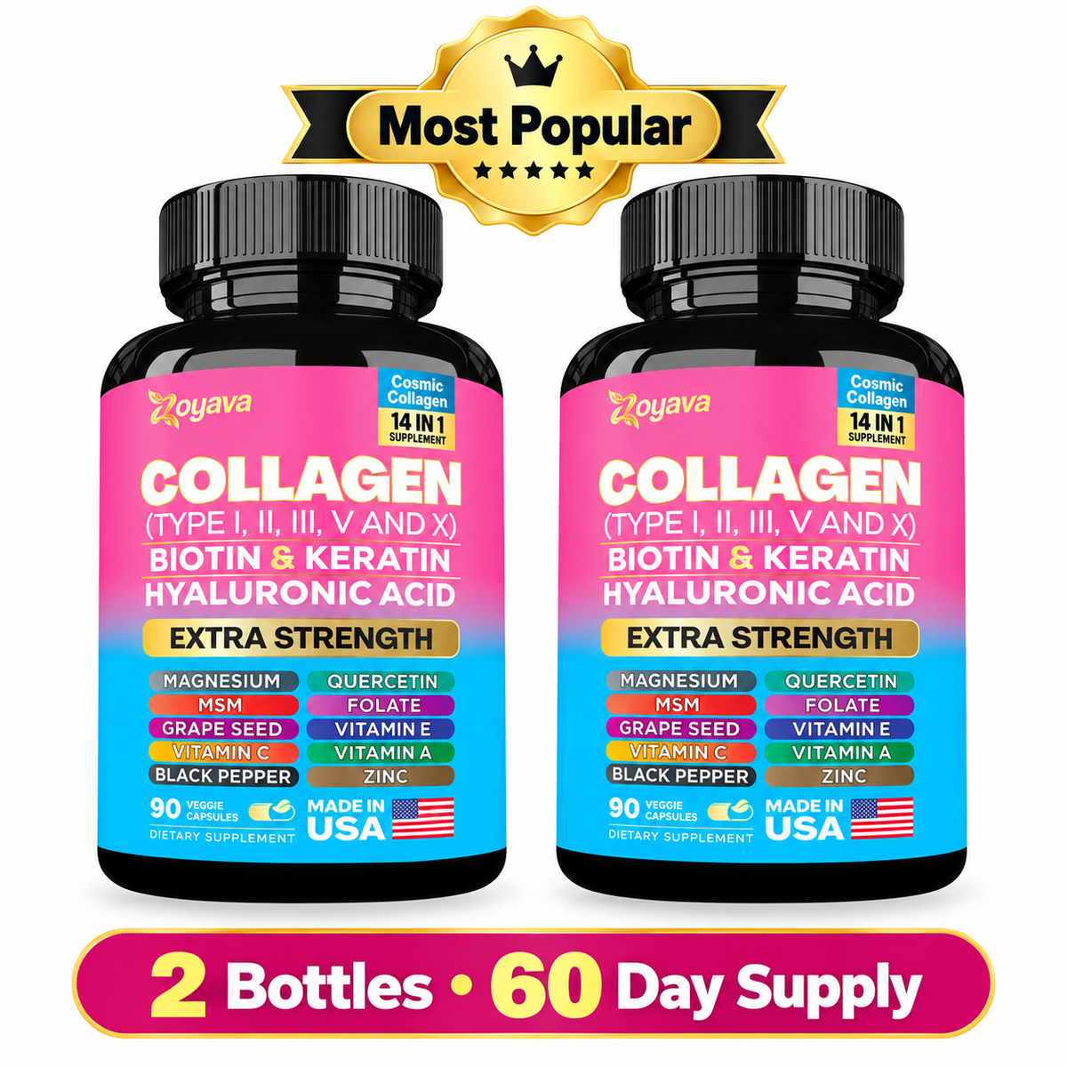 Zoyava Cosmic Collagen 14-in-1 – Multi Collagen Types I, II, III, V & X with Biotin, Keratin & Hyaluronic Acid | 90 Capsules