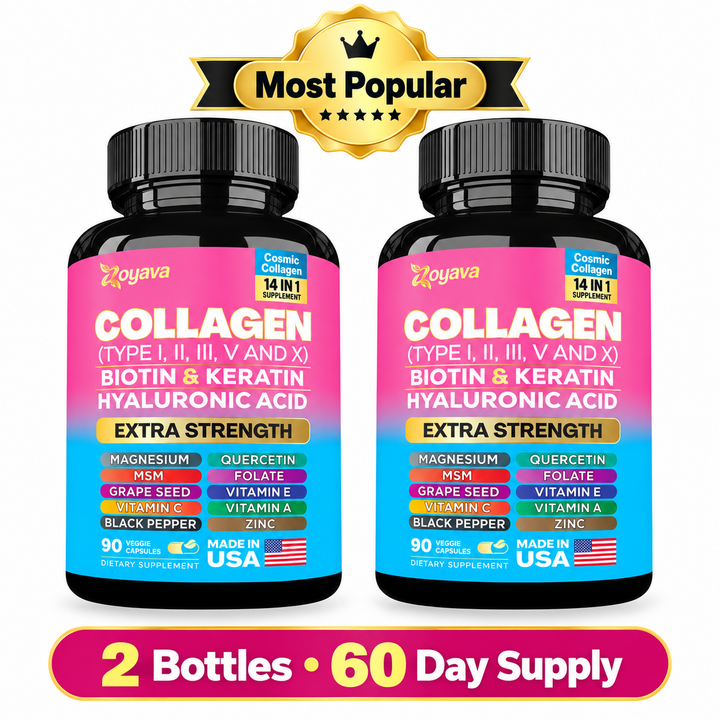Zoyava Cosmic Collagen 14-in-1 – Multi Collagen Types I, II, III, V & X with Biotin, Keratin & Hyaluronic Acid | 90 Capsules