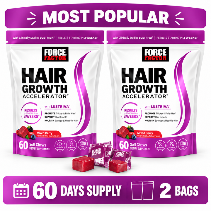 Force Factor Hair Growth Accelerator with Lustriva® + Biotin – Mixed Berry | 60 Soft Chews