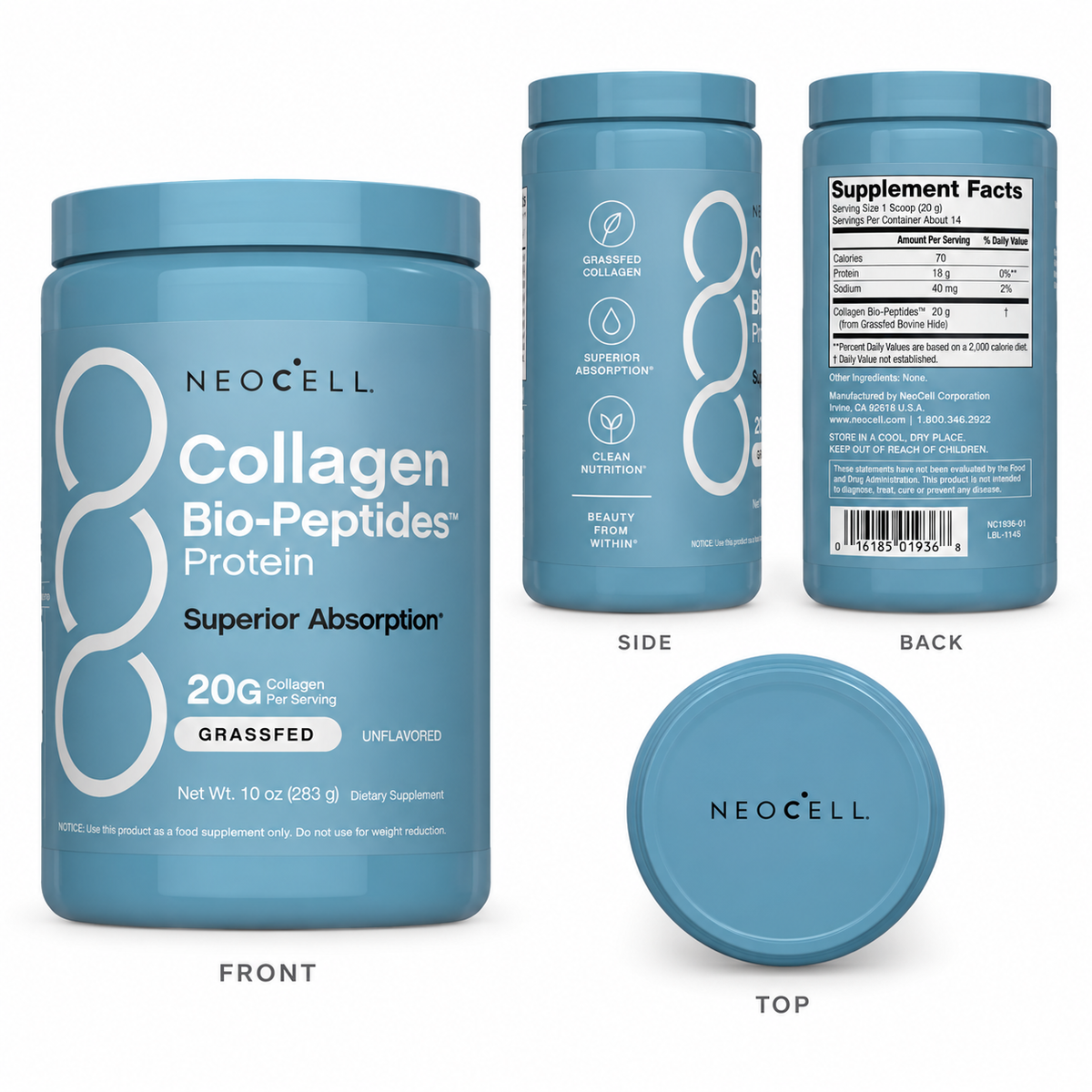 NeoCell Collagen Bio-Peptides™ Protein Powder – 20g Collagen + 18g Protein | Grass-Fed, Unflavored | 10 oz
