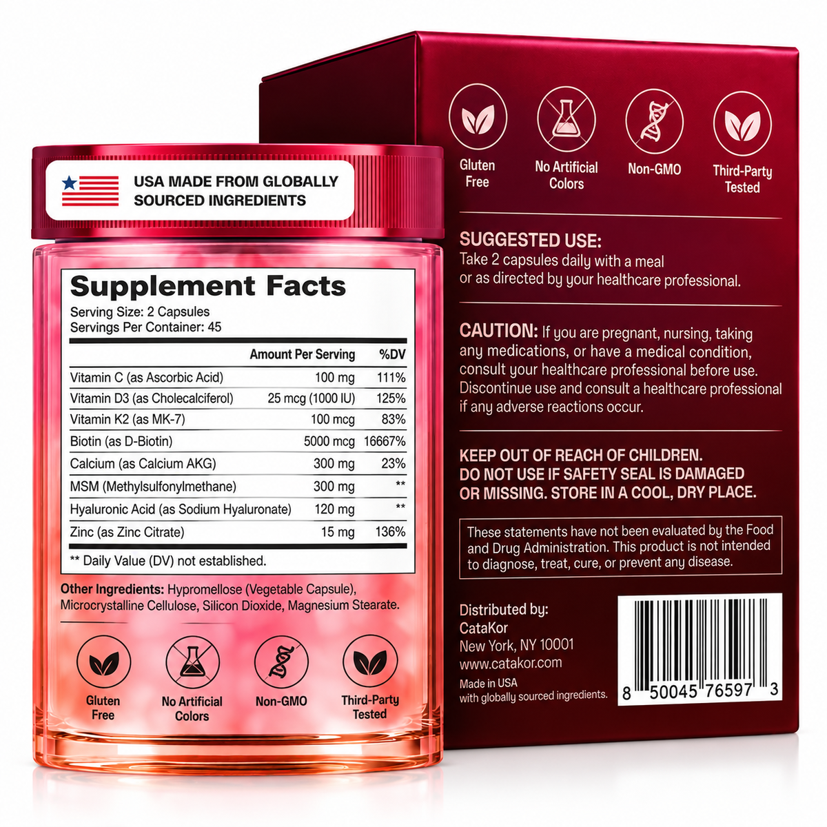 Cata-Kor Skin, Hair & Nails Vitamins – Ca-AKG + Biotin 5000mcg, MSM & Hyaluronic Acid | 90 Capsules