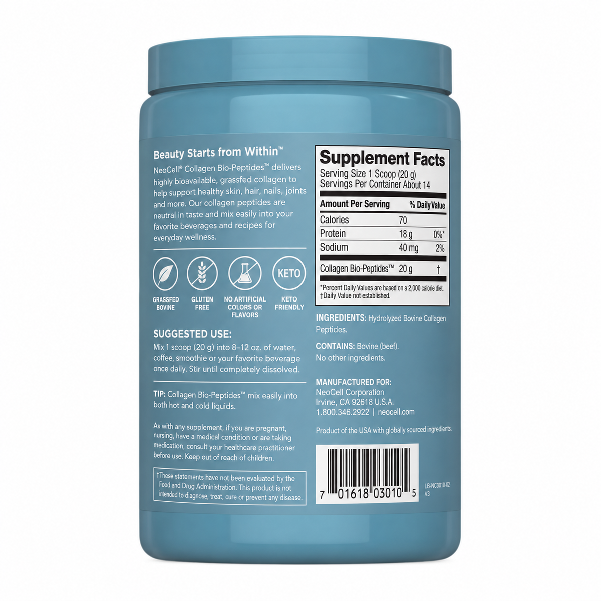 NeoCell Collagen Bio-Peptides™ Protein Powder – 20g Collagen + 18g Protein | Grass-Fed, Unflavored | 10 oz