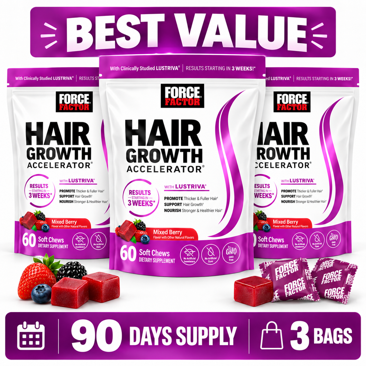 Force Factor Hair Growth Accelerator with Lustriva® + Biotin – Mixed Berry | 60 Soft Chews