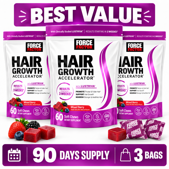 Force Factor Hair Growth Accelerator with Lustriva® + Biotin – Mixed Berry | 60 Soft Chews