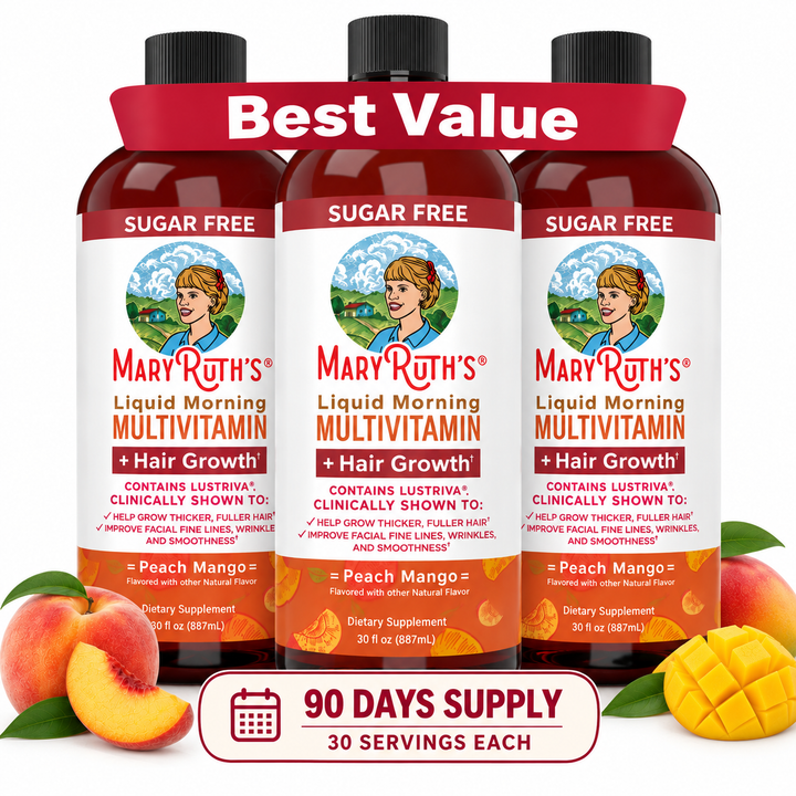 MaryRuth’s Liquid Morning Multivitamin + Hair Growth with Lustriva® – Peach Mango, Sugar Free | 30 fl oz