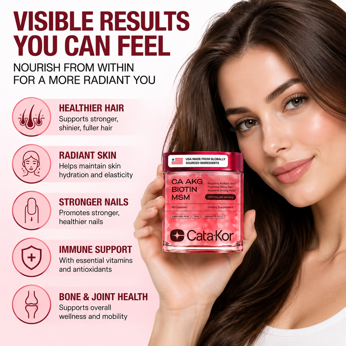 Cata-Kor Skin, Hair & Nails Vitamins – Ca-AKG + Biotin 5000mcg, MSM & Hyaluronic Acid | 90 Capsules