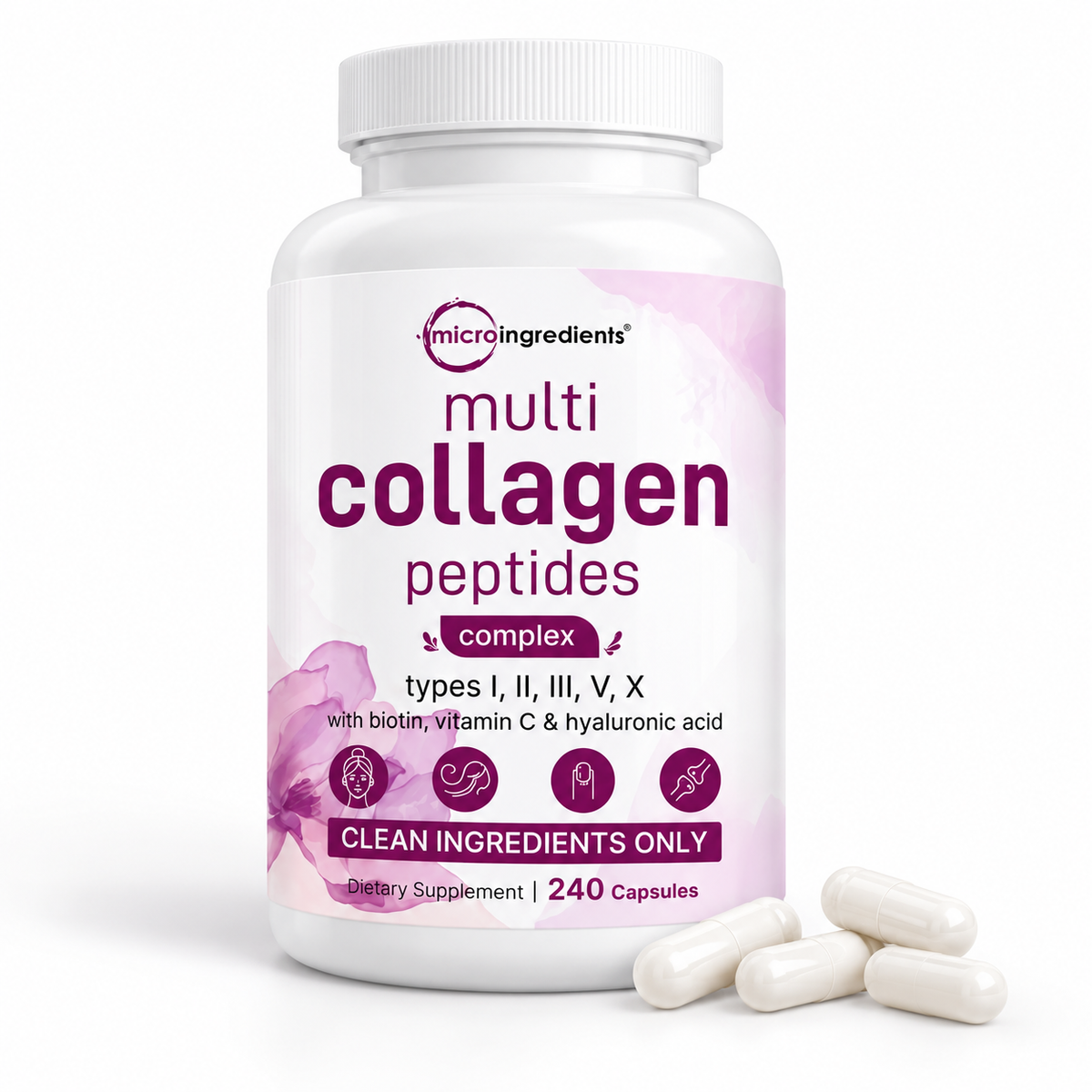 Micro Ingredients Multi Collagen Peptides Complex – 5 Types I, II, III, V & X with Biotin, Vitamin C & Hyaluronic Acid | 240 Capsules