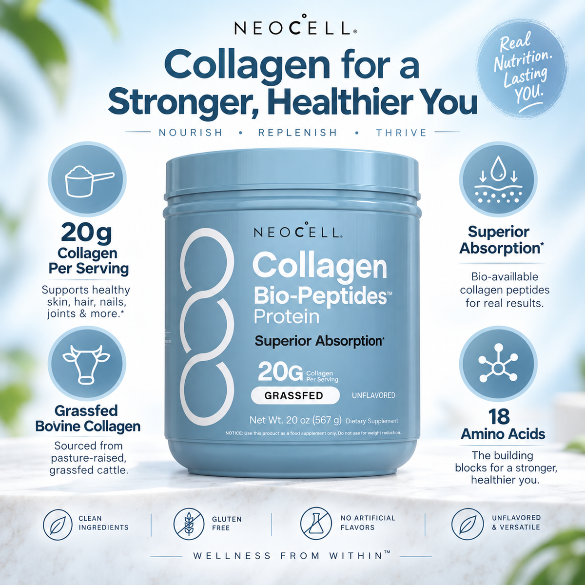 NeoCell Collagen Bio-Peptides Protein Powder – 20g Collagen | Grassfed & Unflavored | 20 oz