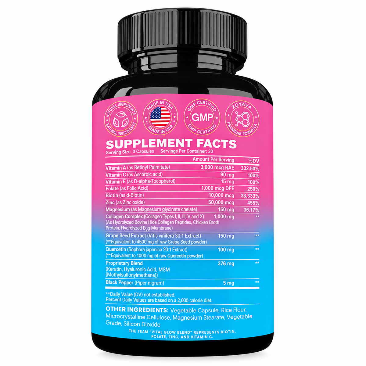 Zoyava Cosmic Collagen 14-in-1 – Multi Collagen Types I, II, III, V & X with Biotin, Keratin & Hyaluronic Acid | 90 Capsules