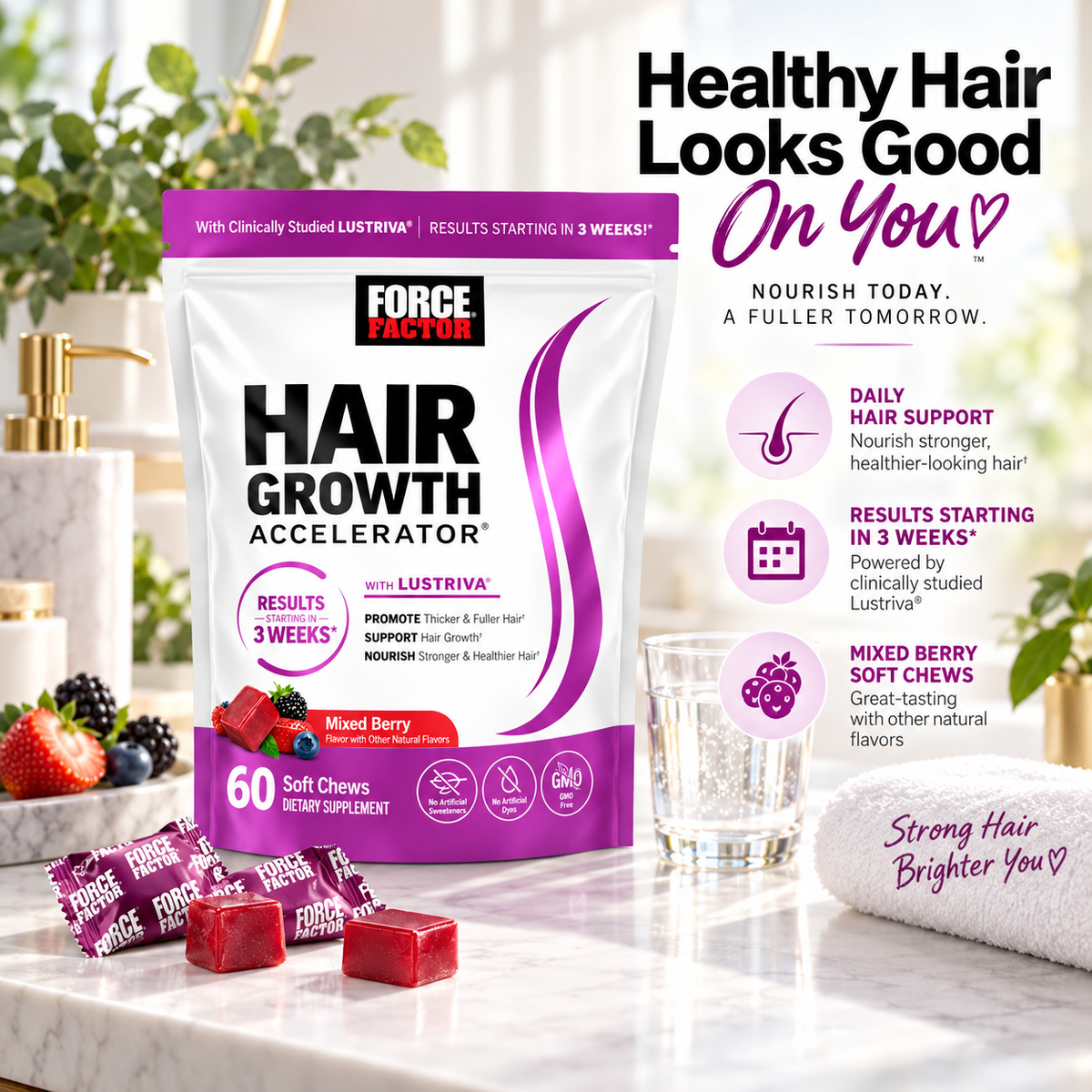 Force Factor Hair Growth Accelerator with Lustriva® + Biotin – Mixed Berry | 60 Soft Chews