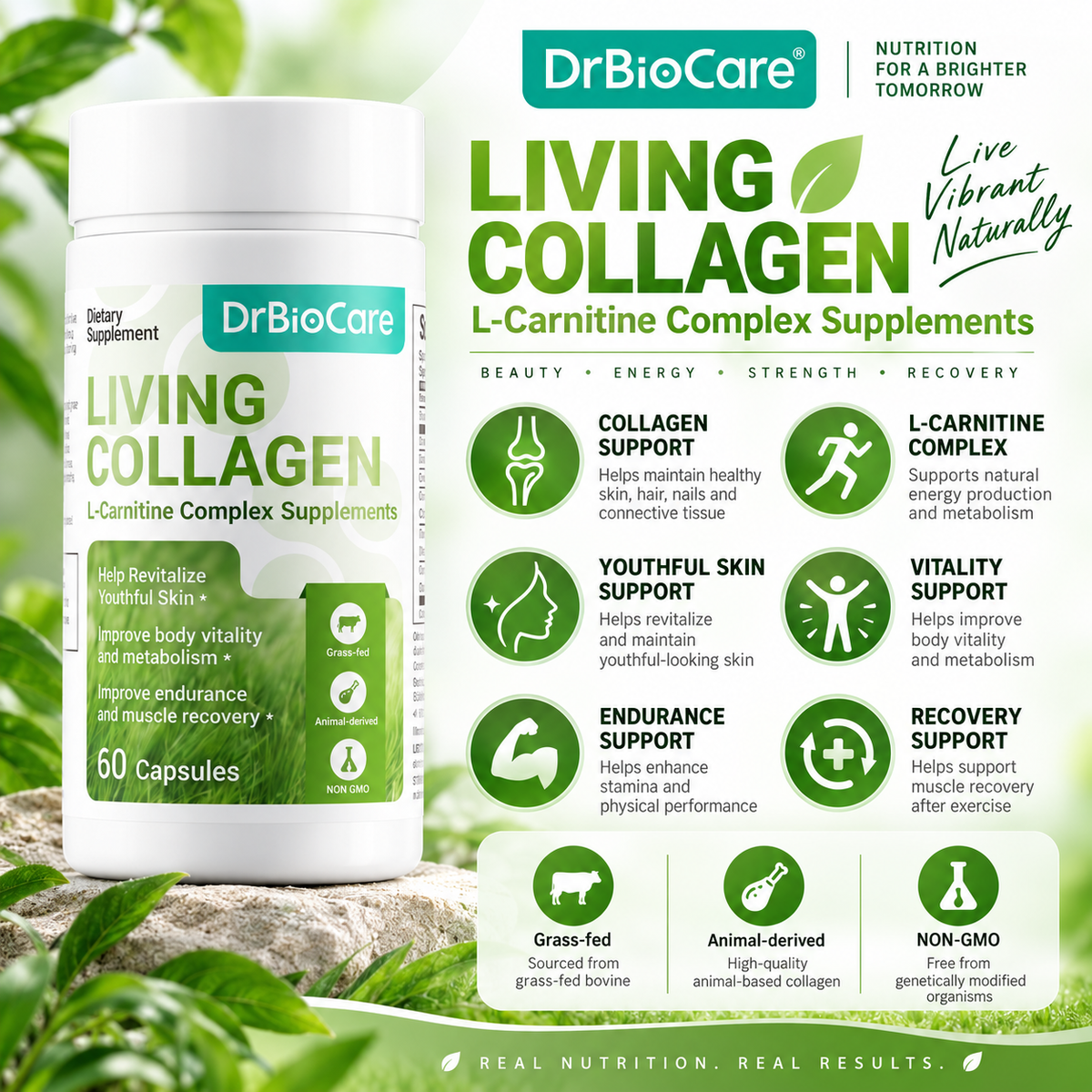 DrBioCare Living Collagen + L-Carnitine Complex – Bovine Collagen, Biotin, Hyaluronic Acid & CoQ10 | 60 Capsules