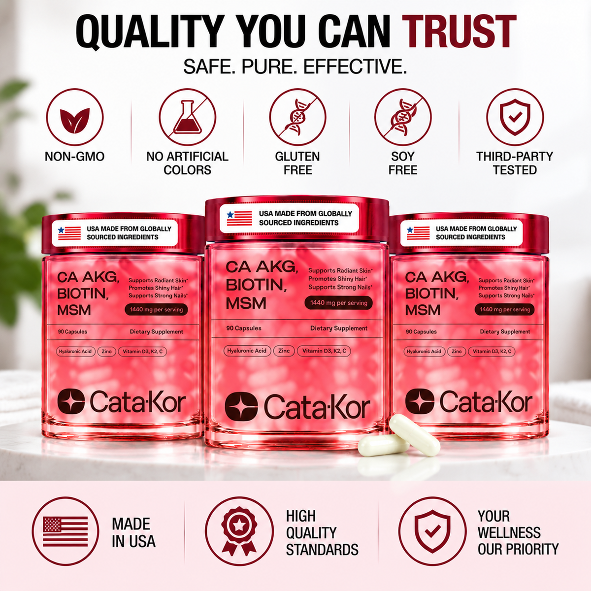 Cata-Kor Skin, Hair & Nails Vitamins – Ca-AKG + Biotin 5000mcg, MSM & Hyaluronic Acid | 90 Capsules