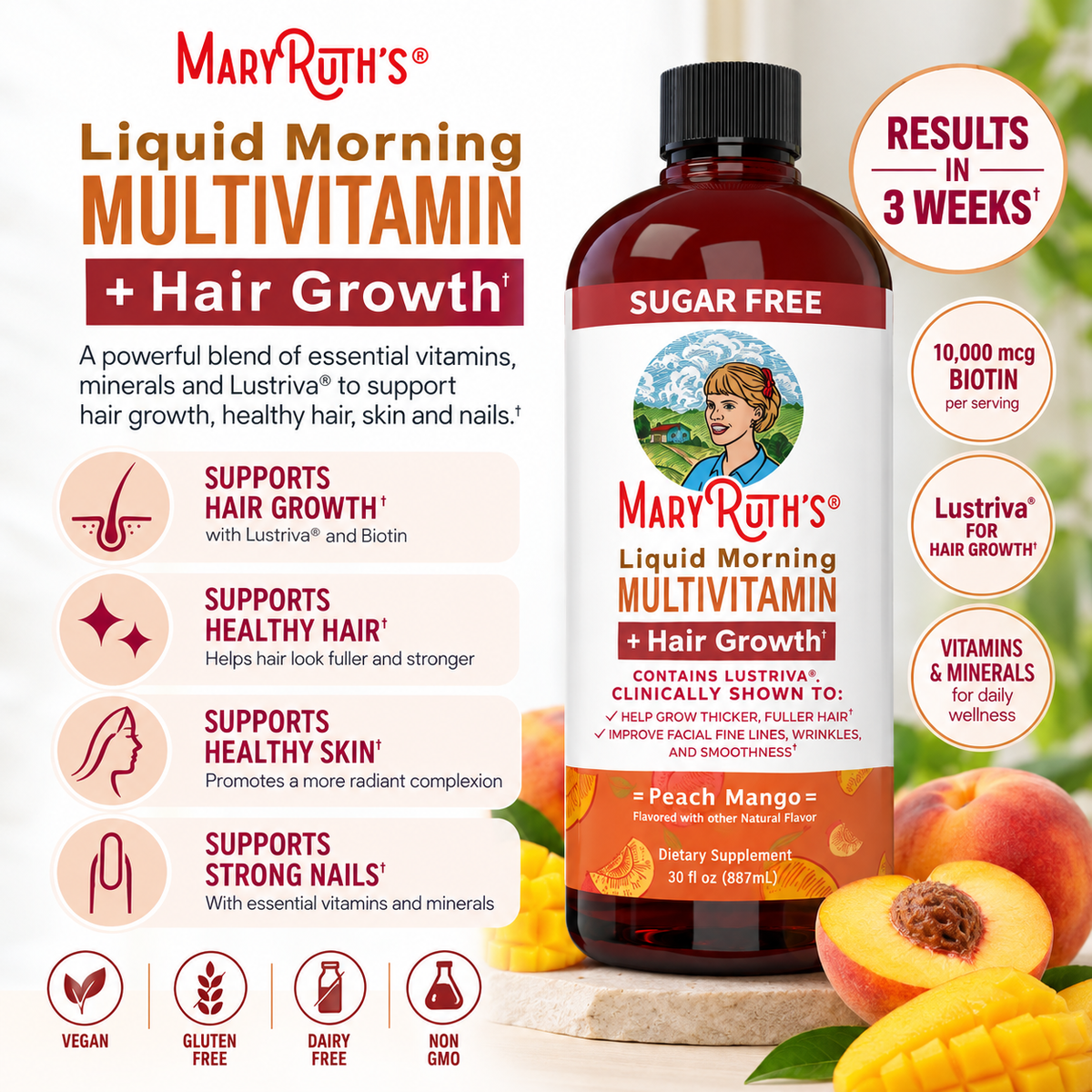MaryRuth’s Liquid Morning Multivitamin + Hair Growth with Lustriva® – Peach Mango, Sugar Free | 30 fl oz