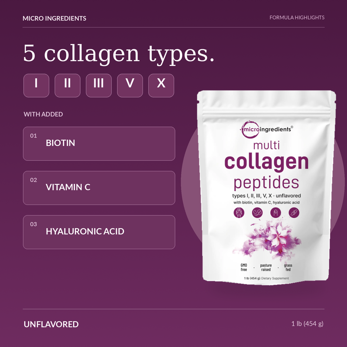 Micro Ingredients Multi Collagen Peptides Powder – 5 Types + Biotin, Vitamin C & Hyaluronic Acid | 1 lb