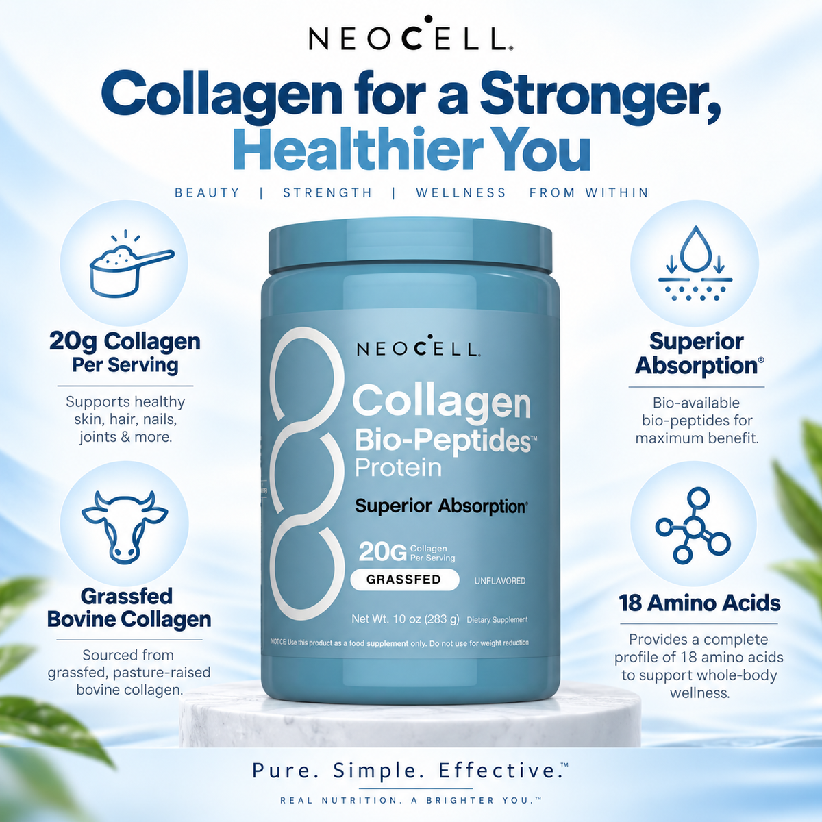 NeoCell Collagen Bio-Peptides™ Protein Powder – 20g Collagen + 18g Protein | Grass-Fed, Unflavored | 10 oz