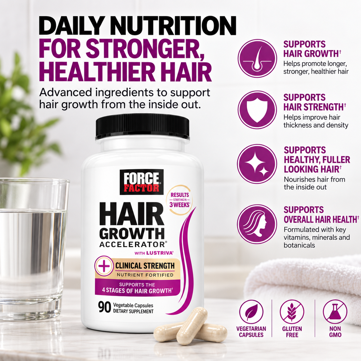 Force Factor Hair Growth Accelerator with Lustriva® – Clinical Strength Hair Support | 90 Capsules