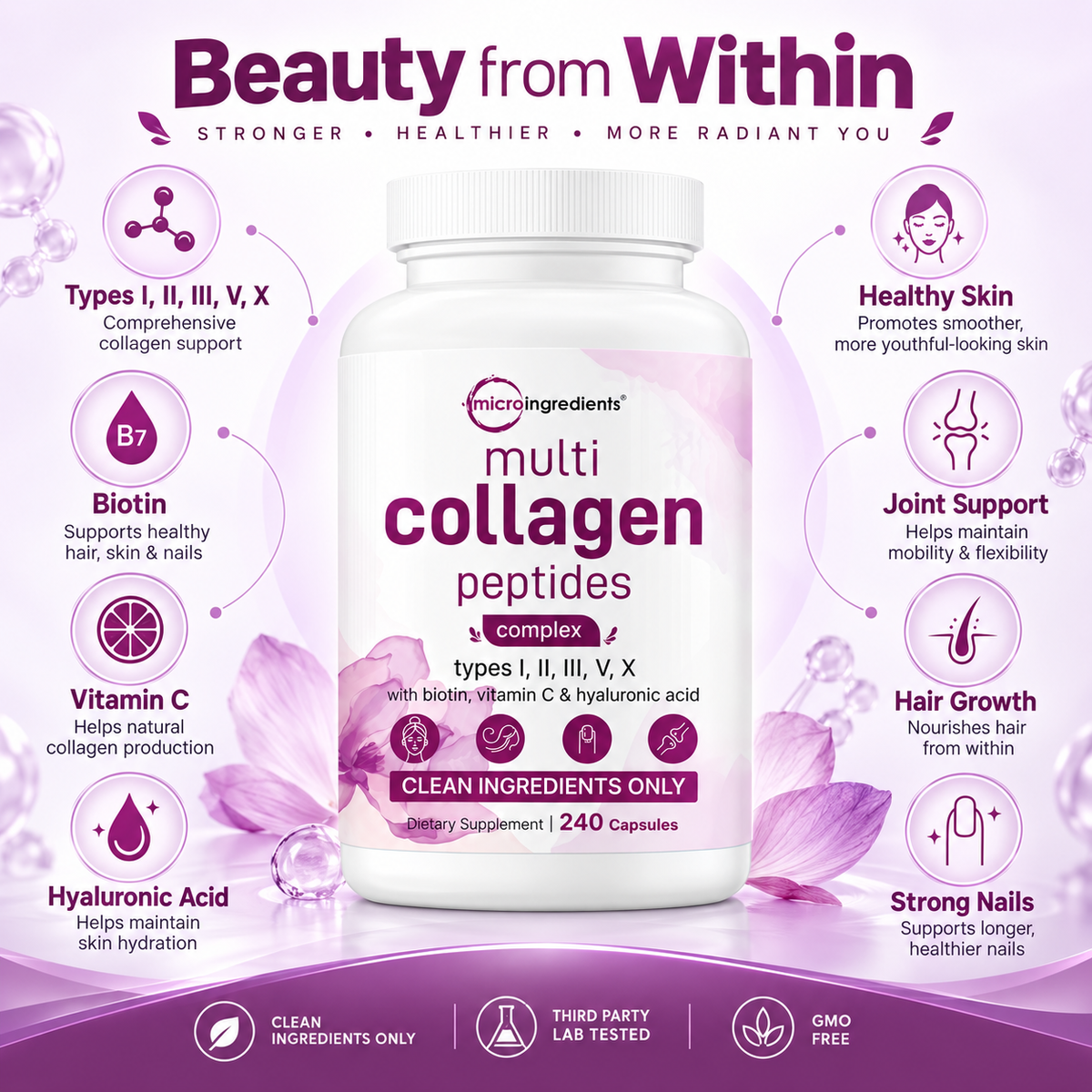 Micro Ingredients Multi Collagen Peptides Complex – 5 Types I, II, III, V & X with Biotin, Vitamin C & Hyaluronic Acid | 240 Capsules