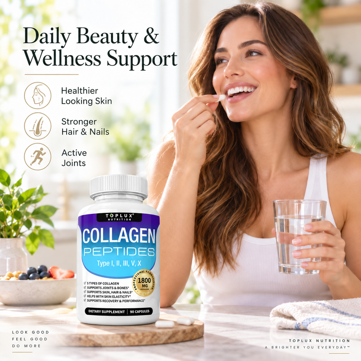 TOPLUX Nutrition Collagen Peptides 1800mg – 5 Types I, II, III, V & X | 90 Capsules