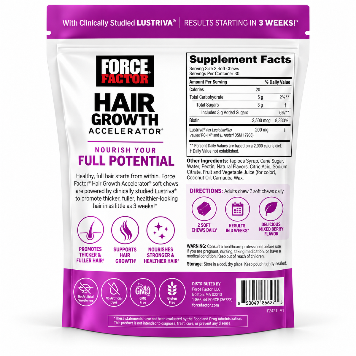 Force Factor Hair Growth Accelerator with Lustriva® + Biotin – Mixed Berry | 60 Soft Chews