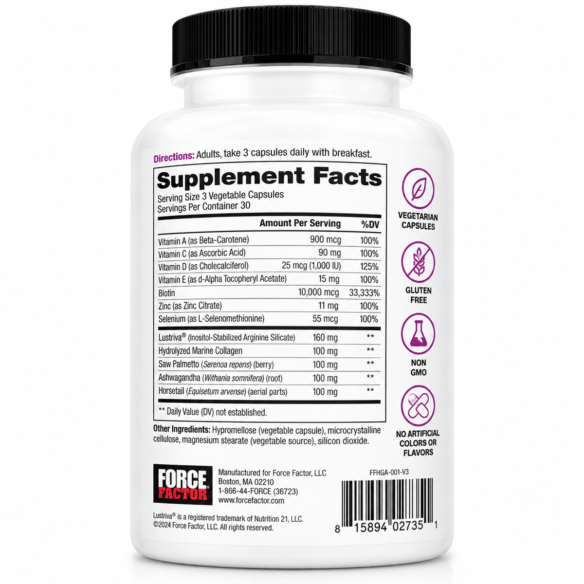 Force Factor Hair Growth Accelerator with Lustriva® – Clinical Strength Hair Support | 90 Capsules