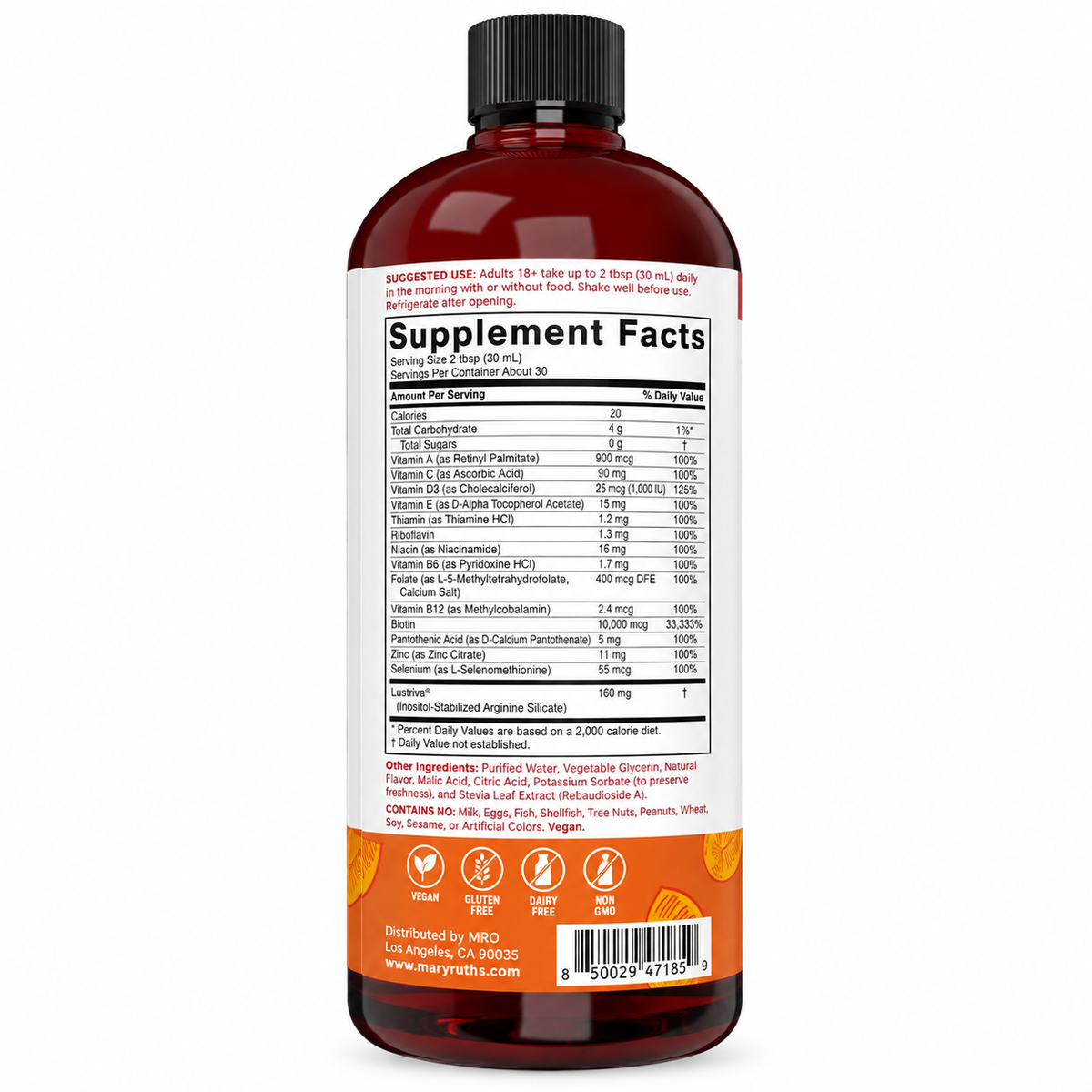 MaryRuth’s Liquid Morning Multivitamin + Hair Growth with Lustriva® – Peach Mango, Sugar Free | 30 fl oz