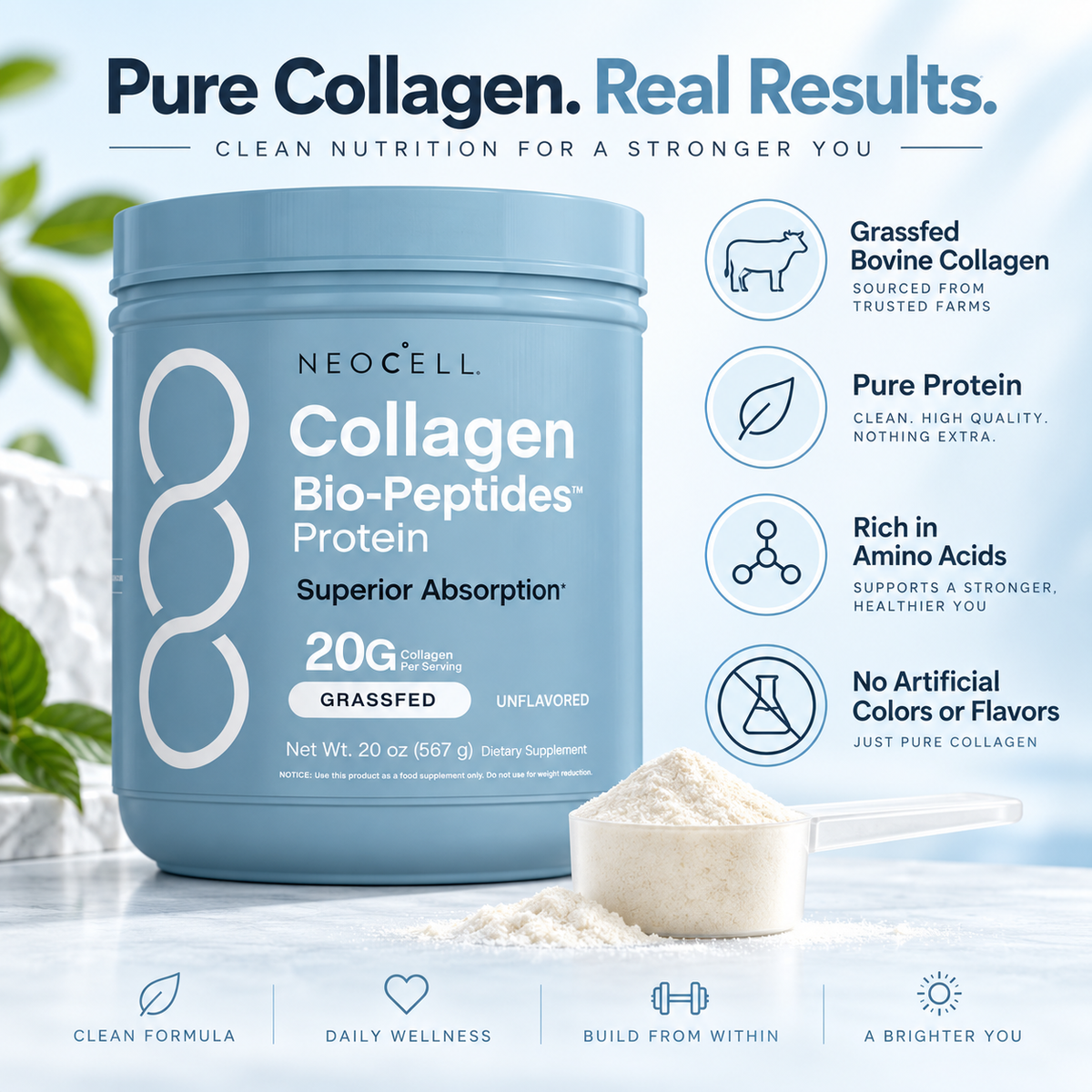 NeoCell Collagen Bio-Peptides Protein Powder – 20g Collagen | Grassfed & Unflavored | 20 oz