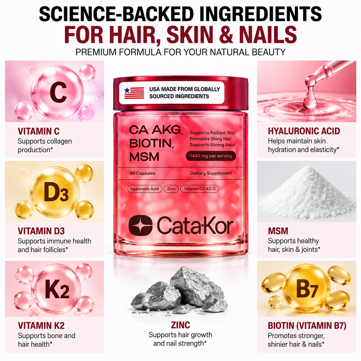 Cata-Kor Skin, Hair & Nails Vitamins – Ca-AKG + Biotin 5000mcg, MSM & Hyaluronic Acid | 90 Capsules