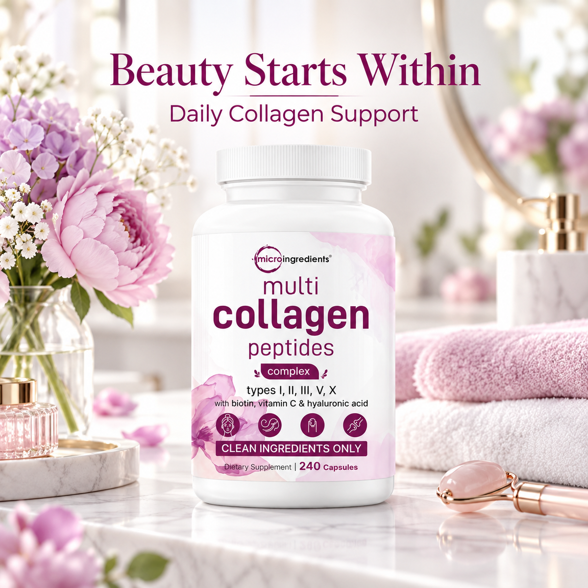 Micro Ingredients Multi Collagen Peptides Complex – 5 Types I, II, III, V & X with Biotin, Vitamin C & Hyaluronic Acid | 240 Capsules