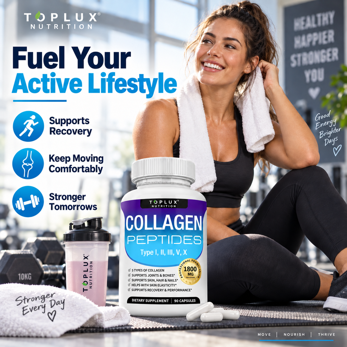 TOPLUX Nutrition Collagen Peptides 1800mg – 5 Types I, II, III, V & X | 90 Capsules