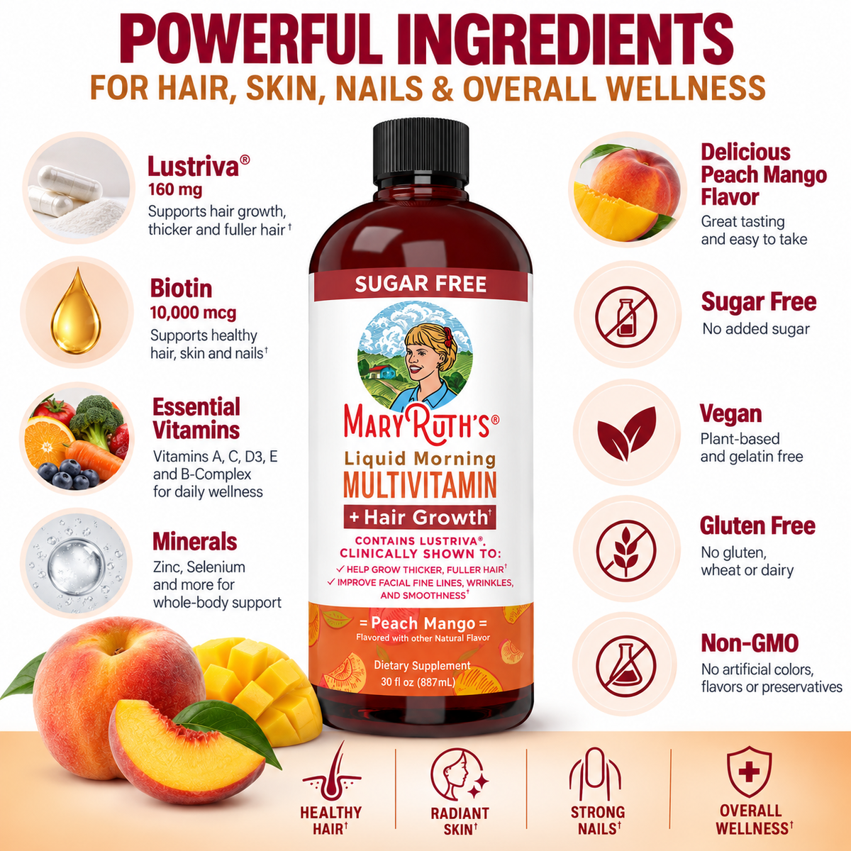 MaryRuth’s Liquid Morning Multivitamin + Hair Growth with Lustriva® – Peach Mango, Sugar Free | 30 fl oz