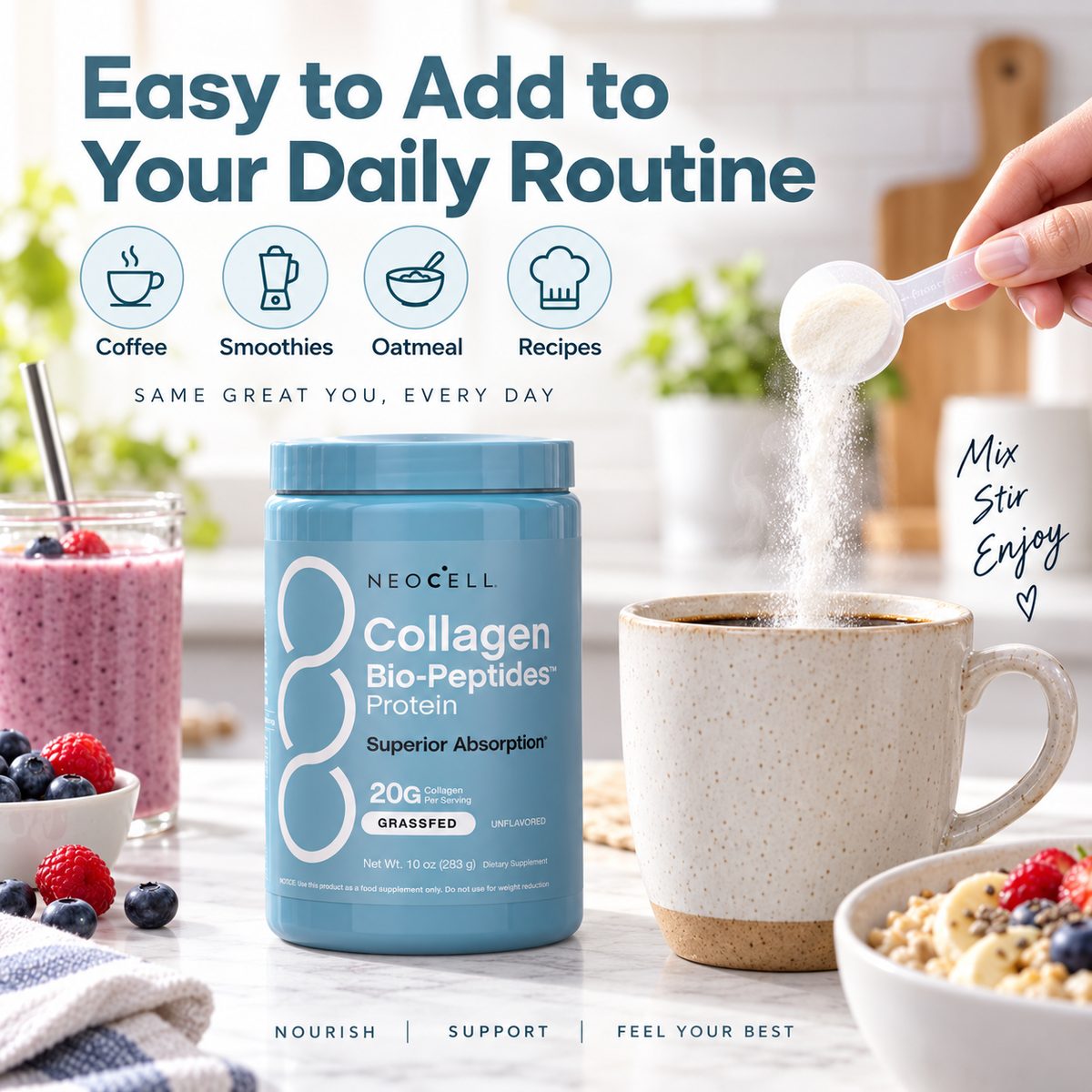 NeoCell Collagen Bio-Peptides™ Protein Powder – 20g Collagen + 18g Protein | Grass-Fed, Unflavored | 10 oz